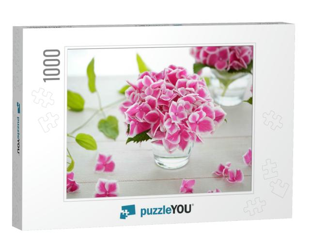Beautiful Pink Hydrangea Flowers in Glass Vase... Jigsaw Puzzle with 1000 pieces