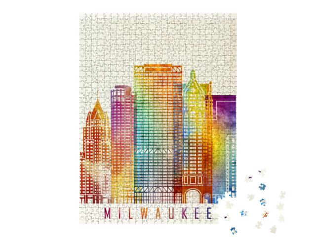 Milwaukee Landmarks Watercolor Poster... Jigsaw Puzzle with 1000 pieces