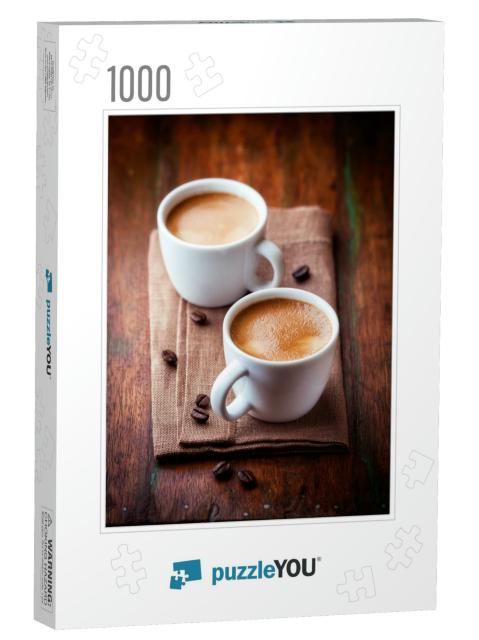 Two Cups of Espresso on Rustic Wooden Table. Symbolic Ima... Jigsaw Puzzle with 1000 pieces