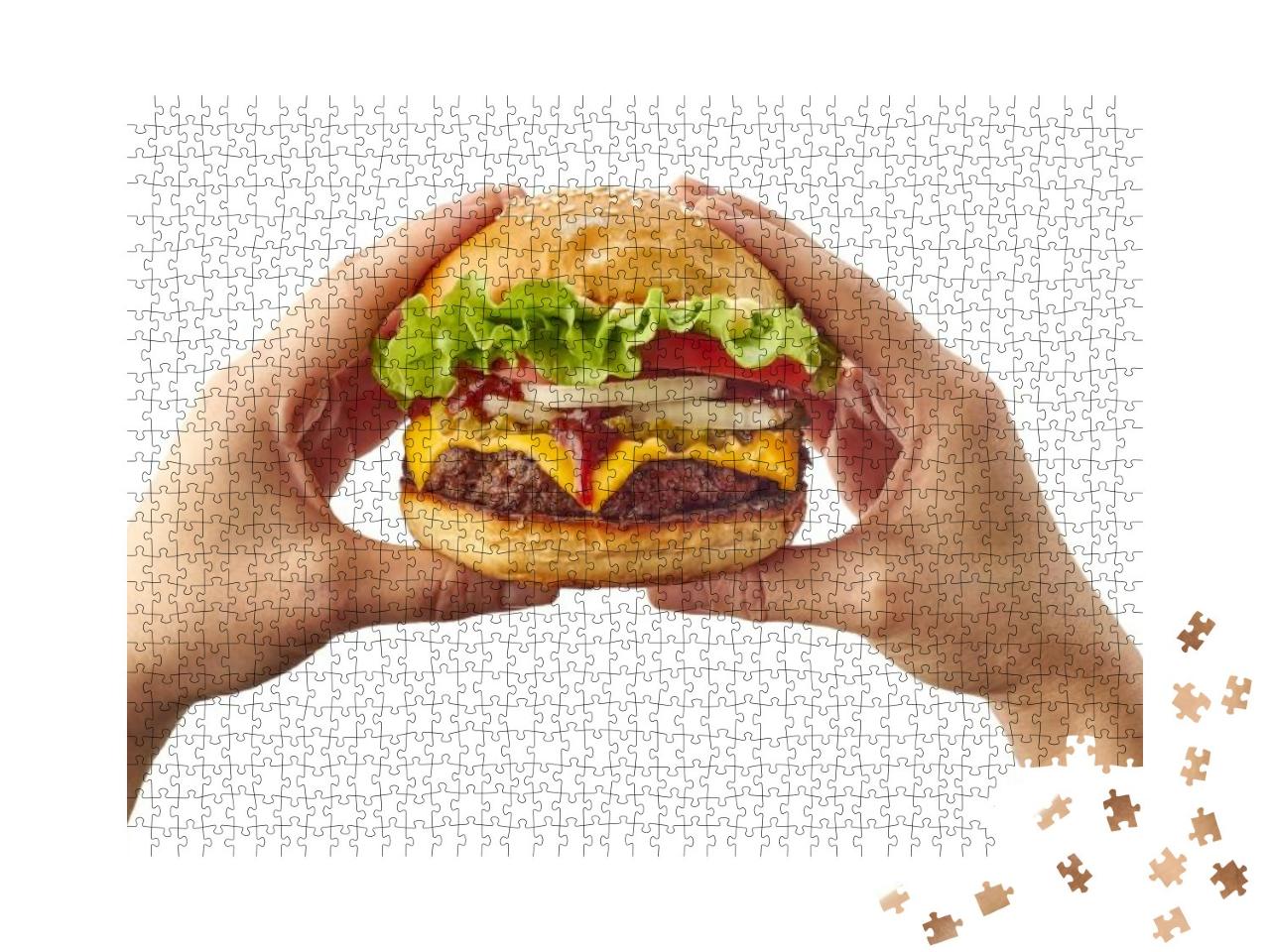 Hands Holding Hamburger on White... Jigsaw Puzzle with 1000 pieces