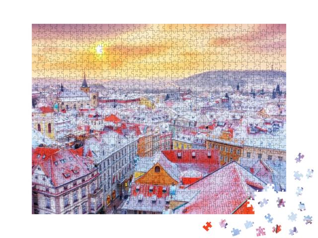 Prague in Christmas Time, Classical View on Snowy Roofs i... Jigsaw Puzzle with 1000 pieces