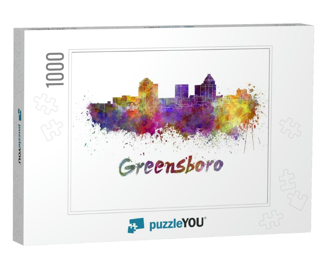 Greensboro Skyline in Watercolor Splatters with Clipping... Jigsaw Puzzle with 1000 pieces