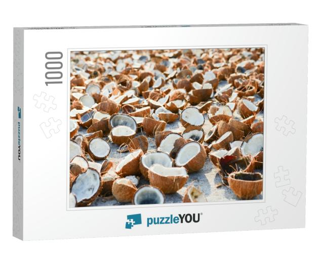 A Lot of Coconut Meat & Coconut Shell on White Concrete f... Jigsaw Puzzle with 1000 pieces