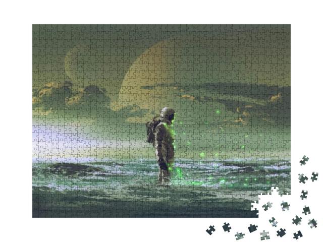 The Astronaut Standing by the Sea Against Background of t... Jigsaw Puzzle with 1000 pieces