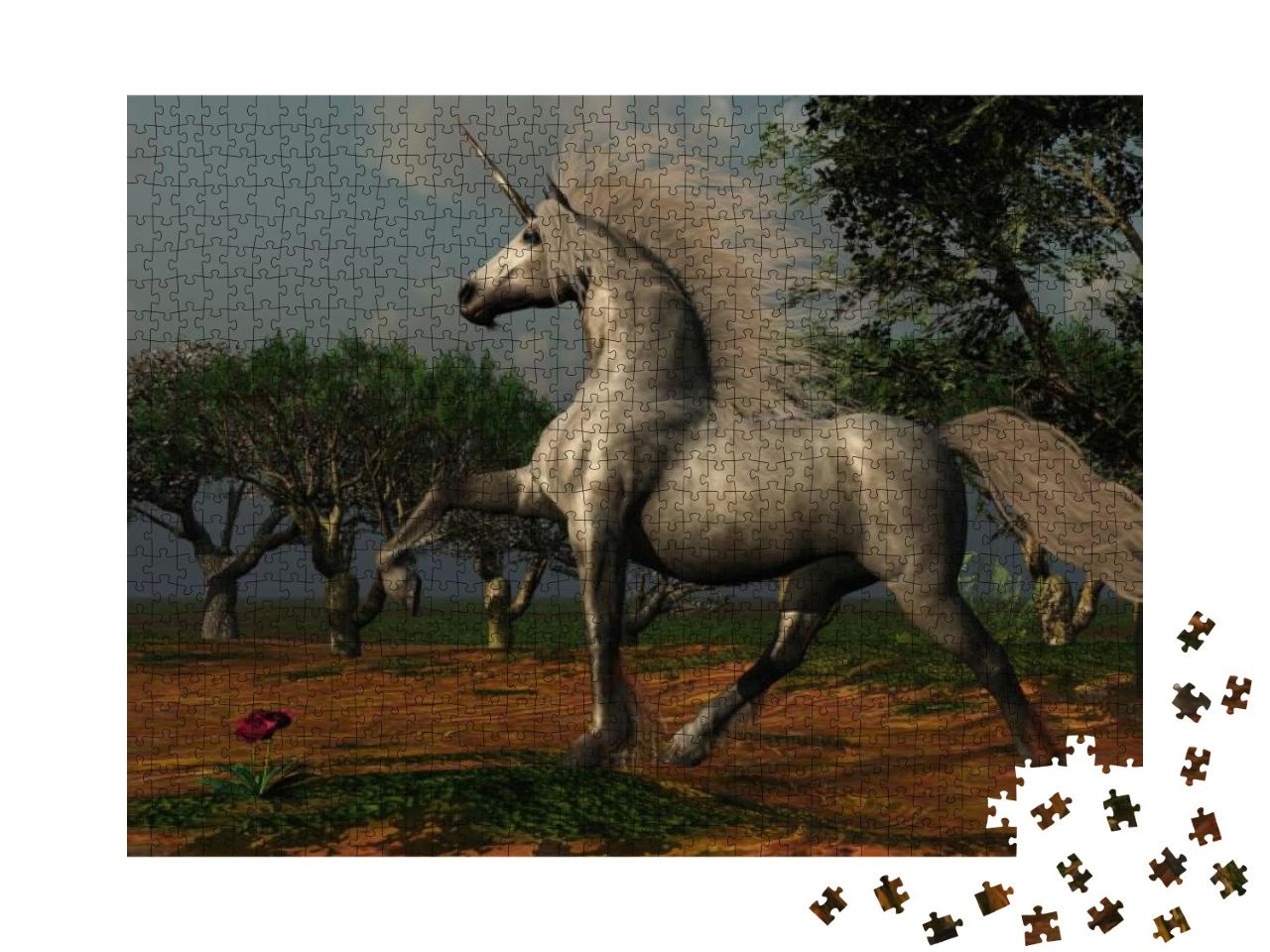Unicorn Forest - a Beautiful Male Unicorn Prances in a Ma... Jigsaw Puzzle with 1000 pieces