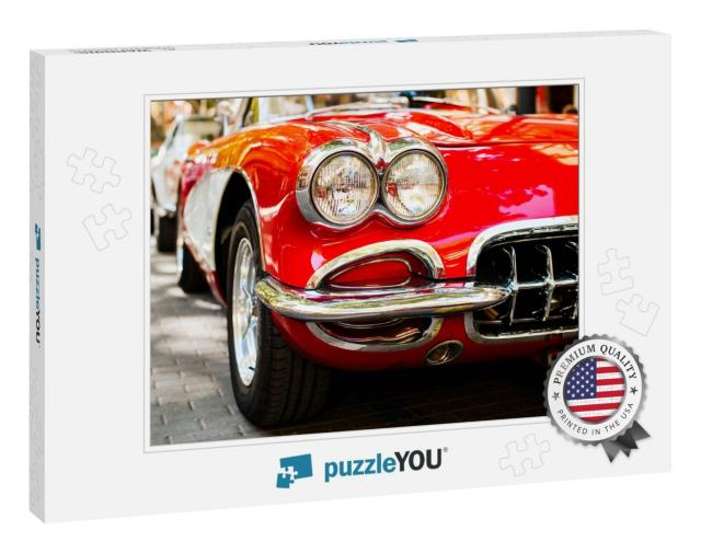 Close-Up of Headlights of Red Vintage Car. Exhibition... Jigsaw Puzzle