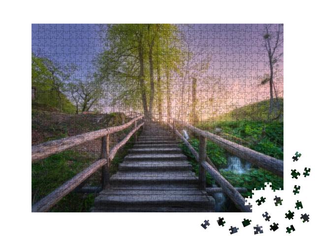 Wooden Stairs in Forest At Sunset in Spring. Plitvice Lak... Jigsaw Puzzle with 1000 pieces