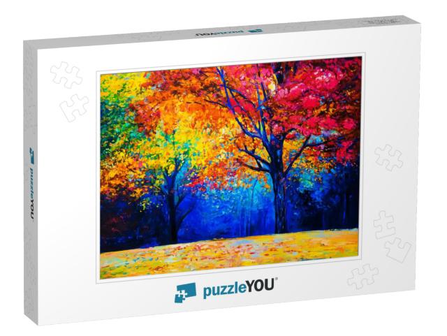 Original Oil Painting on Canvas. Autumn Trees. Modern Imp... Jigsaw Puzzle