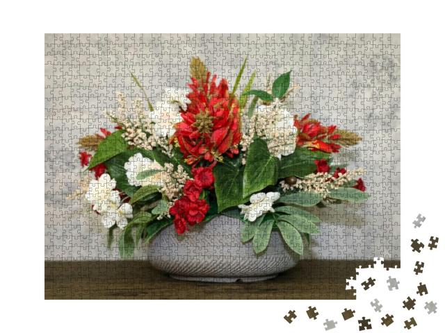 A Handmade Silk Flower Center Piece Arrangement with Red... Jigsaw Puzzle with 1000 pieces
