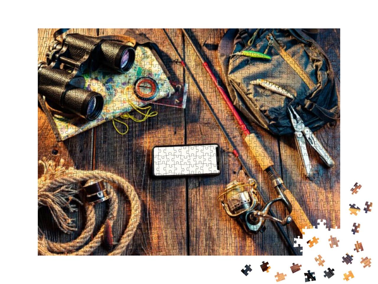 Fishing Tackle on a Wooden Background. Fishing Compositio... Jigsaw Puzzle with 1000 pieces