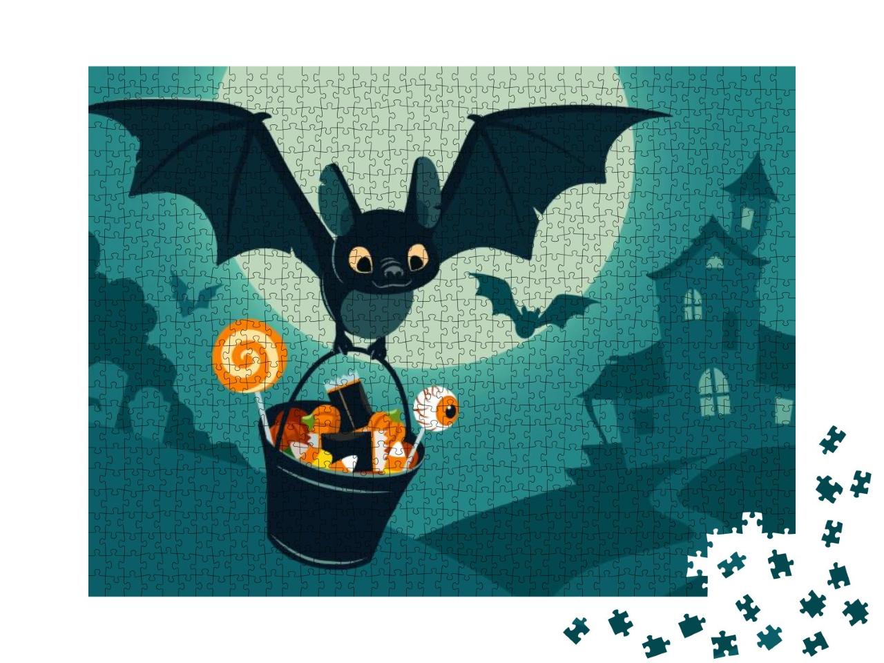 Vector Illustration of Nighttime Halloween Scene, Cute Ba... Jigsaw Puzzle with 1000 pieces