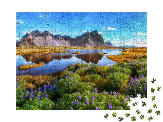 Beautiful Sunny Day & Lupine Flowers on Stokksnes Cape in... Jigsaw Puzzle with 1000 pieces