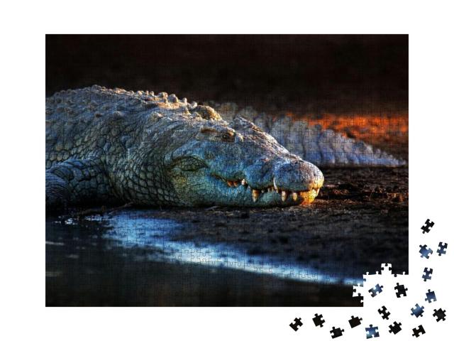Nile Crocodile Crocodylus Niloticus on Riverbank with Las... Jigsaw Puzzle with 1000 pieces