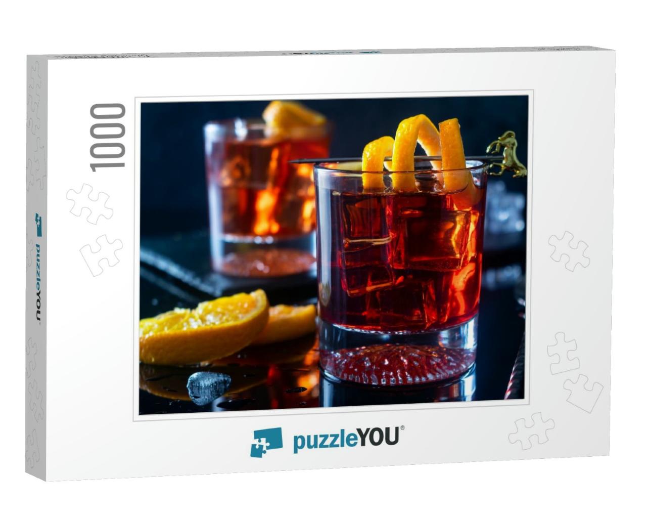 Negroni Cocktail with Orange Twist & Pin, on Dark Backgro... Jigsaw Puzzle with 1000 pieces