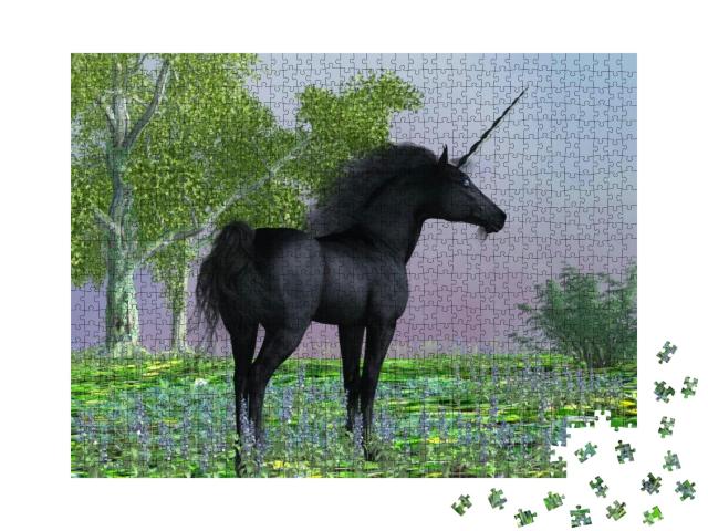 Black Beauty Unicorn 3D Illustration - Purple Flowers Sur... Jigsaw Puzzle with 1000 pieces