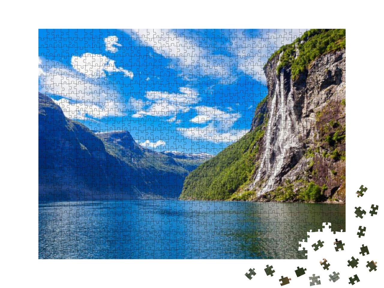 The Seven Sisters Waterfall Over Geirangerfjord, Located... Jigsaw Puzzle with 1000 pieces