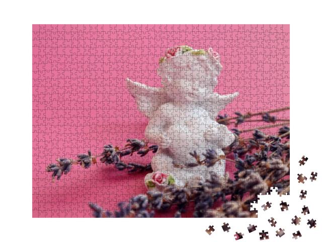 Plaster Angel Figurine with a Heart with Lavender Branche... Jigsaw Puzzle with 1000 pieces