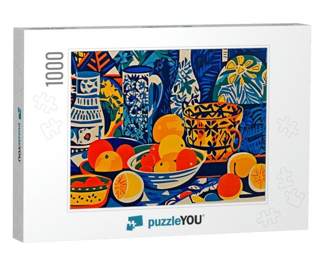 Colorful Fruits and Ceramics in Abstract Form Create a Beautiful Still Life Jigsaw Puzzle with 1000 pieces