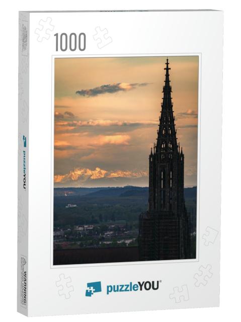 Sunset Panorama Mountain Range Alps with City Ulm & Ulmer... Jigsaw Puzzle with 1000 pieces
