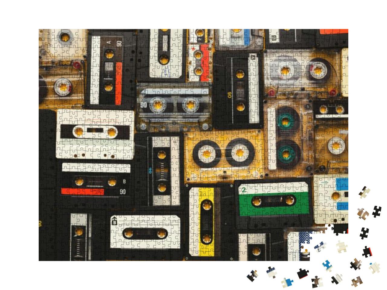 Retro Audio Cassette Tapes on Beige Background. Top View... Jigsaw Puzzle with 1000 pieces