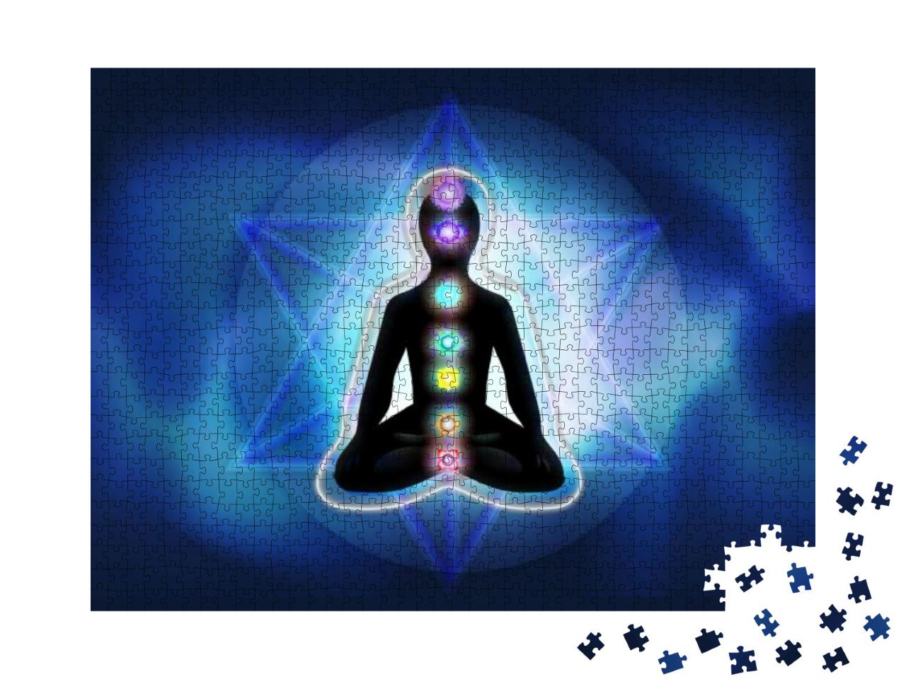Silhouette of a Man in Lotus Position with Luminous Chakr... Jigsaw Puzzle with 1000 pieces