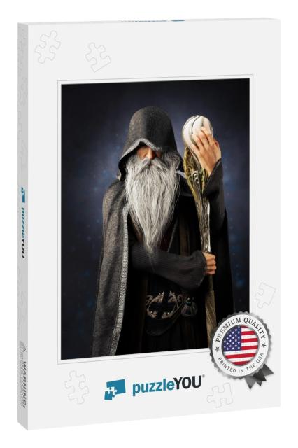 Evil Warlock Old Hooded Wizard Posing with Staff on a Blu... Jigsaw Puzzle