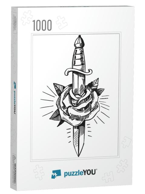 Tattoo Sketch with Dagger & Rose. Hand Drawn Illustration... Jigsaw Puzzle with 1000 pieces