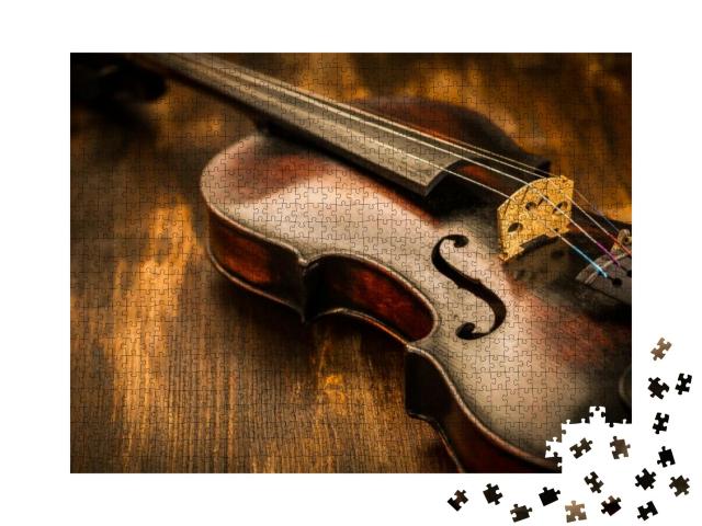 Violin in Vintage Style on Wood Background... Jigsaw Puzzle with 1000 pieces