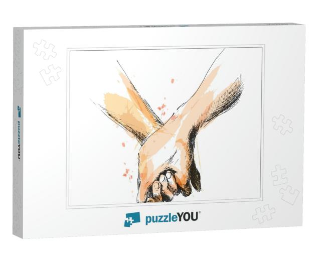 Colored Hand Sketch Holding Hands. Vector Illustration... Jigsaw Puzzle