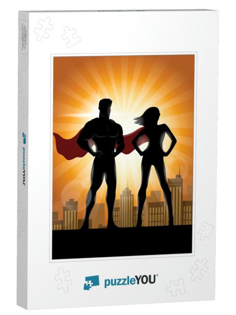 Superhero Couple Silhouette with City Skyline Background... Jigsaw Puzzle