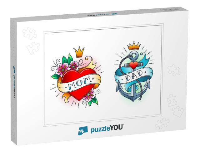 Set of Classic Tattoo - Heart with Flowers & Word Mom on... Jigsaw Puzzle