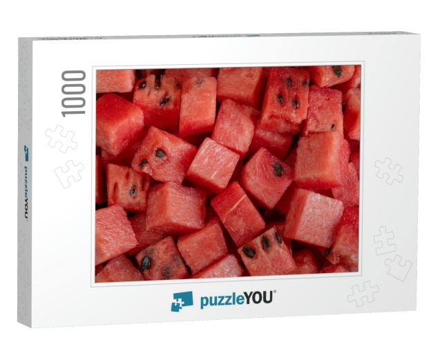 Pile of Seeded Watermelon Cubes, Fresh Fruit Background... Jigsaw Puzzle with 1000 pieces