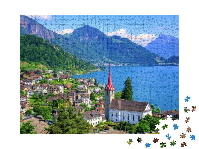 Little Swiss Town with Gothic Church on Lake Lucerne & Al... Jigsaw Puzzle with 1000 pieces