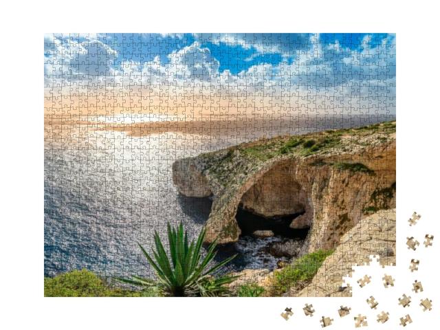 Blue Grotto, Malta. Natural Stone Arch & Sea Caves & Agav... Jigsaw Puzzle with 1000 pieces