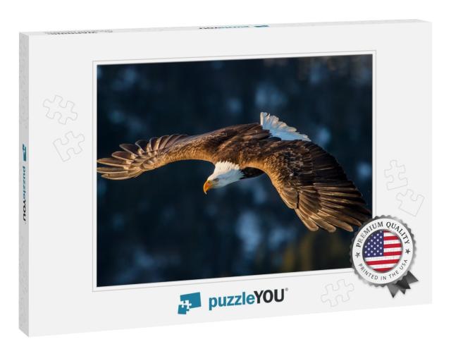 American Bald Eagle Diving in Flight Against Forested Ala... Jigsaw Puzzle
