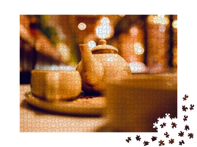 Tea Set with Bokeh Background an Selected Focus... Jigsaw Puzzle with 1000 pieces