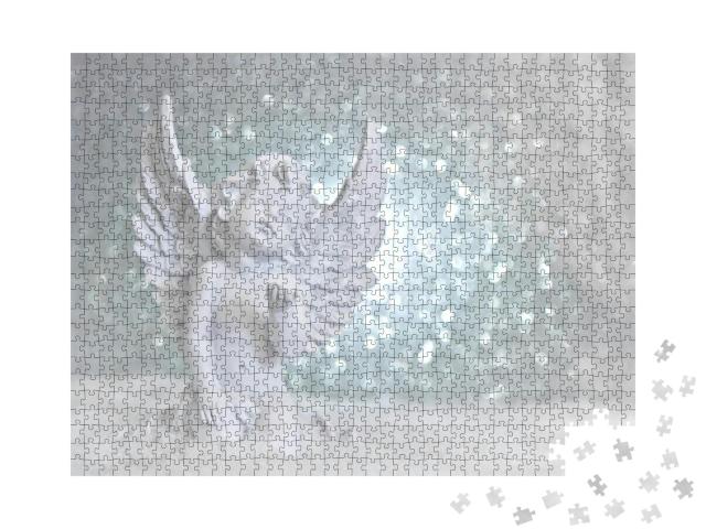 Little White Guardian Angel in Snow on Shiny Lights Backg... Jigsaw Puzzle with 1000 pieces