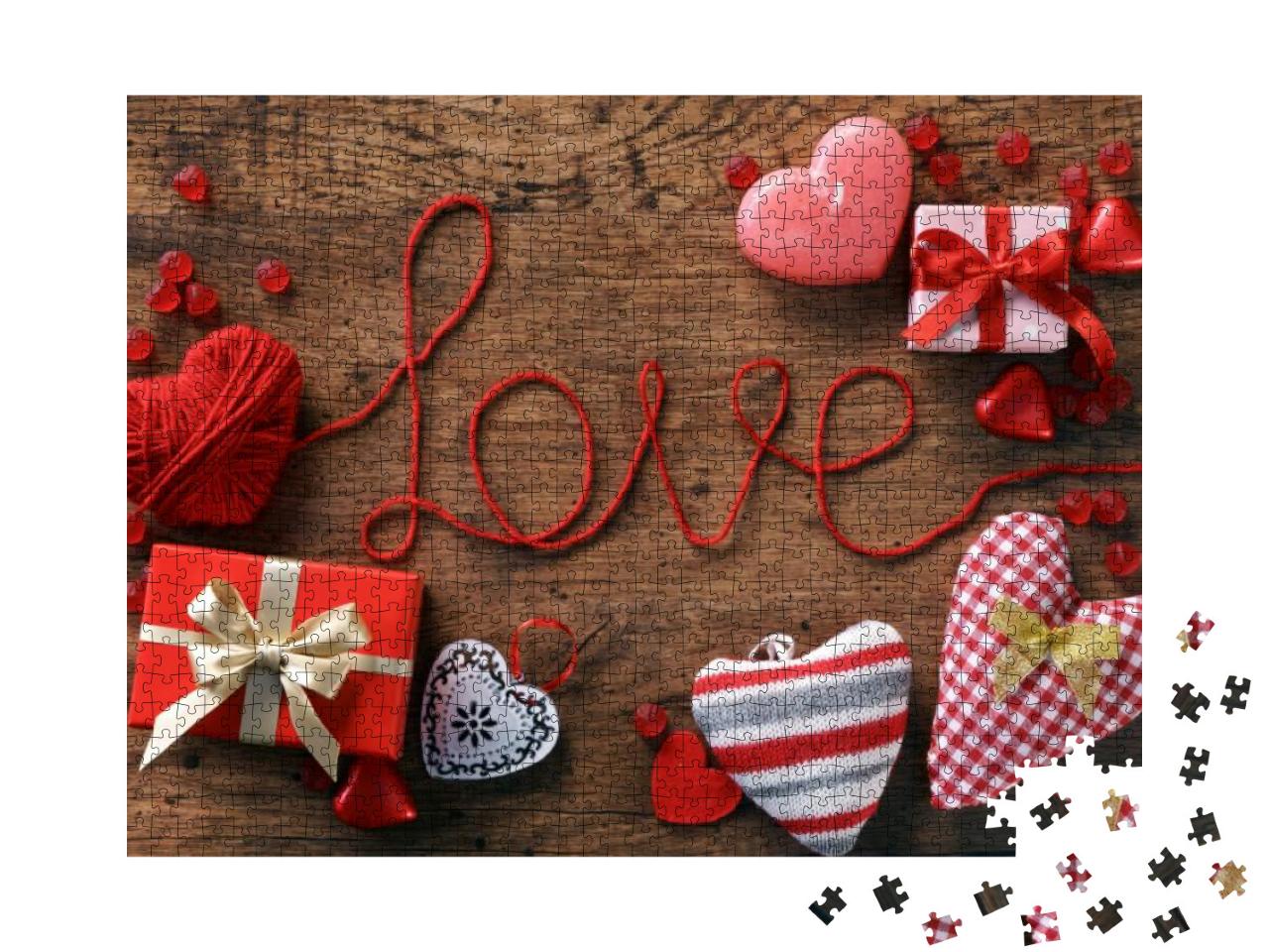 Red Heart, Word Love & Valentines Day Gifts Boxes on Wood... Jigsaw Puzzle with 1000 pieces