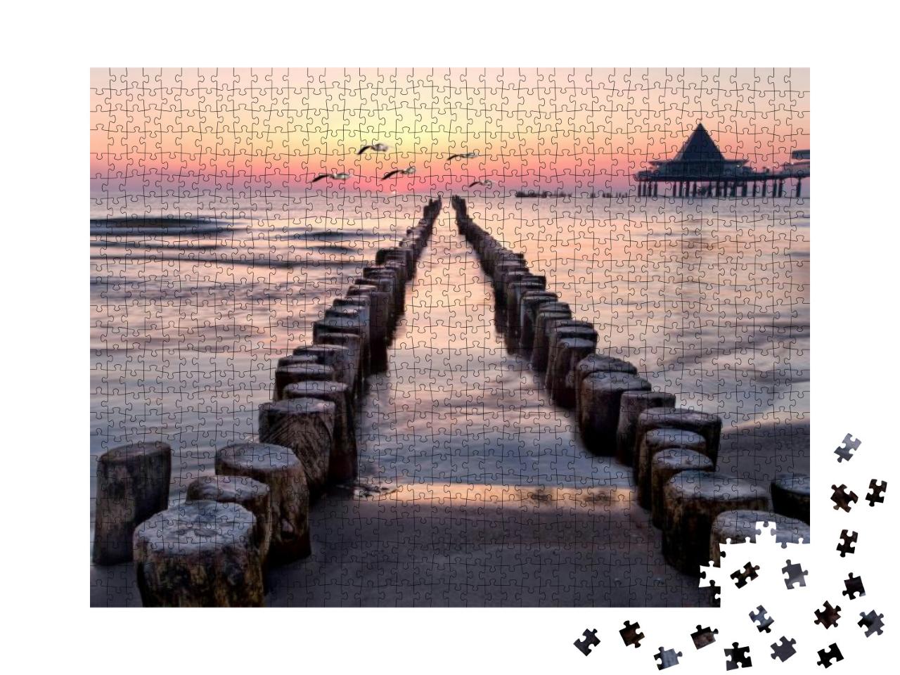 Sunrise with Seagulls on the Beach of Usedom, Baltic Sea... Jigsaw Puzzle with 1000 pieces