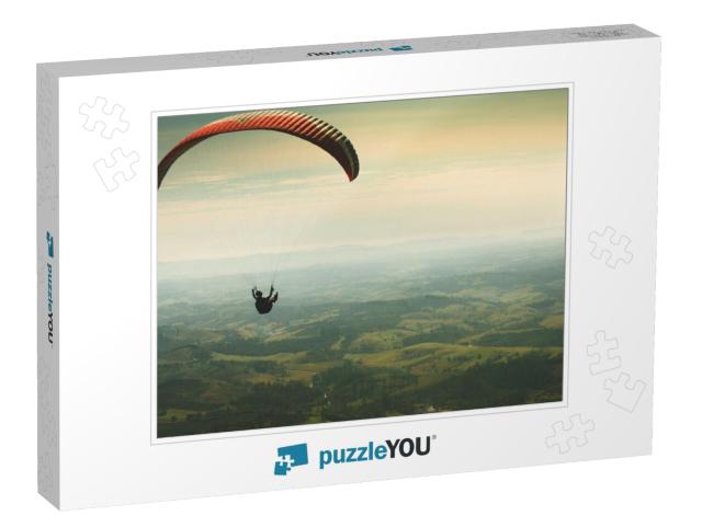 Paraglider Flying on the Beautiful Sunny Sky Over the Gre... Jigsaw Puzzle