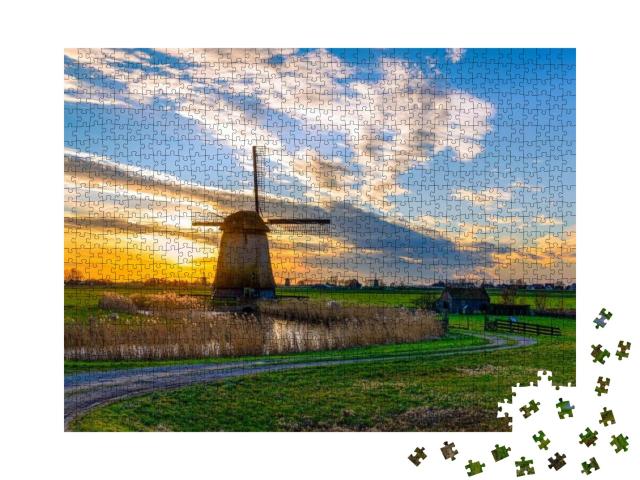 Sunset Windmill Farm in Holland. Windmill Farm Sunset Lan... Jigsaw Puzzle with 1000 pieces