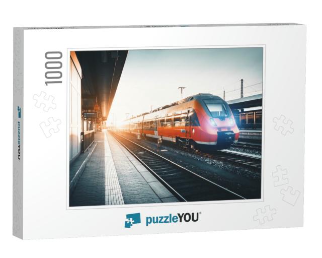 Modern High Speed Red Commuter Train At the Railway Stati... Jigsaw Puzzle with 1000 pieces