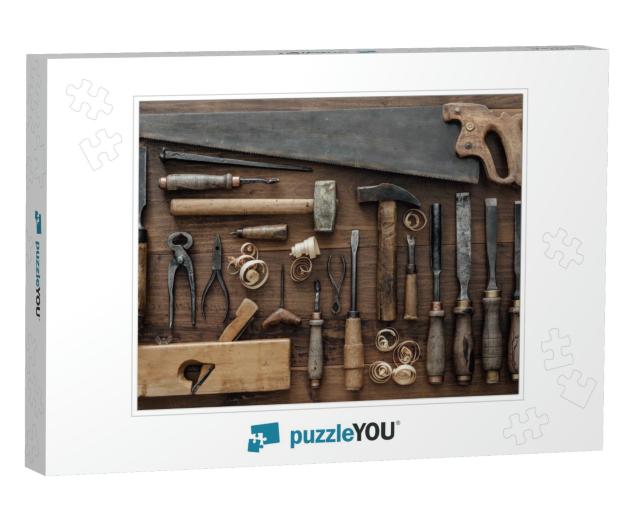 Collection of Vintage Carpentry Tools on an Old Workbench... Jigsaw Puzzle