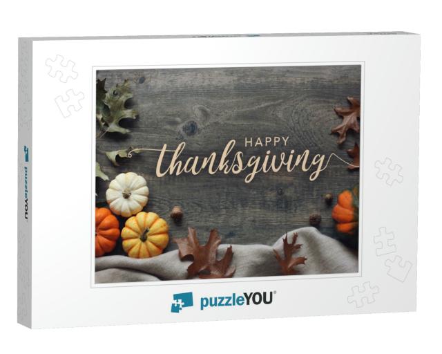 Happy Thanksgiving Script with Pumpkins & Leaves Over Dar... Jigsaw Puzzle