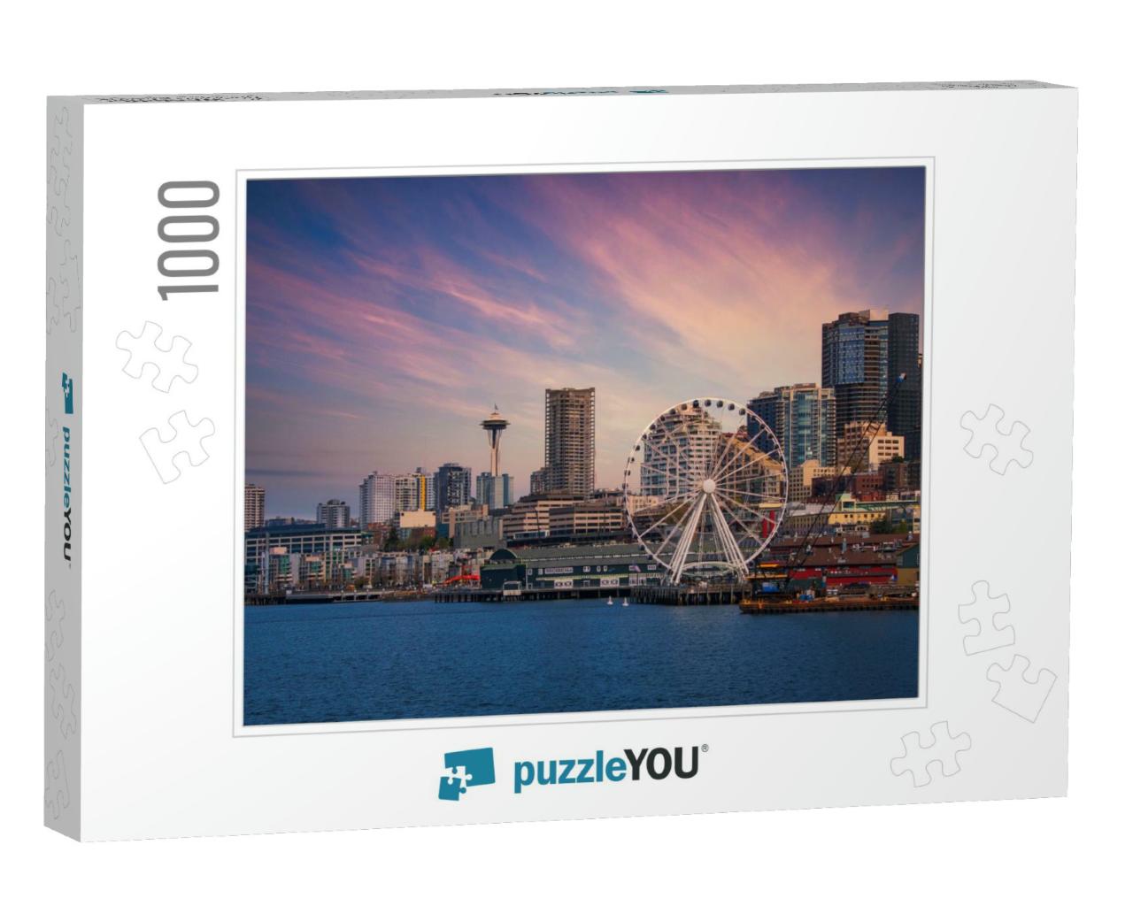 Downtown Seattle Skyline with the Great Wheel & Water Fro... Jigsaw Puzzle with 1000 pieces