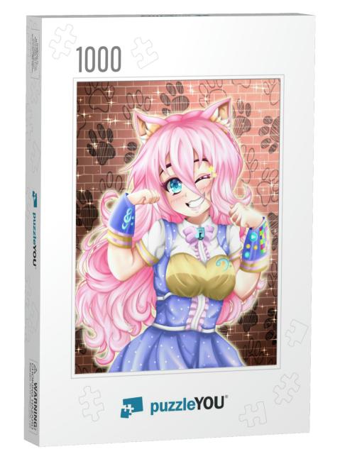 Happy Kawaii Anime Neko Girl of Pink Hair, Anime Illustra... Jigsaw Puzzle with 1000 pieces