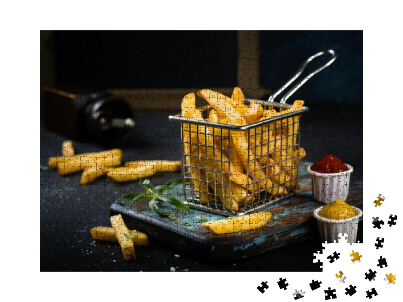 French Fries Close Up with Condiments on Dark Background... Jigsaw Puzzle with 1000 pieces