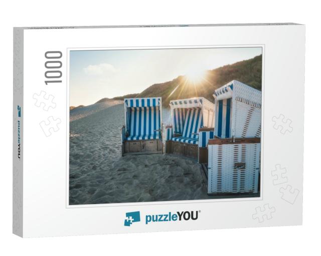 Beach Chairs At Sunrise on Sylt Island, Germany. Wicker C... Jigsaw Puzzle with 1000 pieces