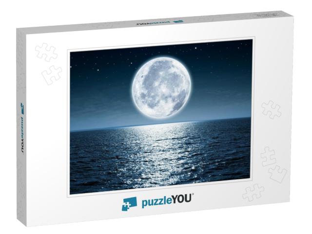 Full Moon Rising Over Empty Ocean At Night with Copy Spac... Jigsaw Puzzle