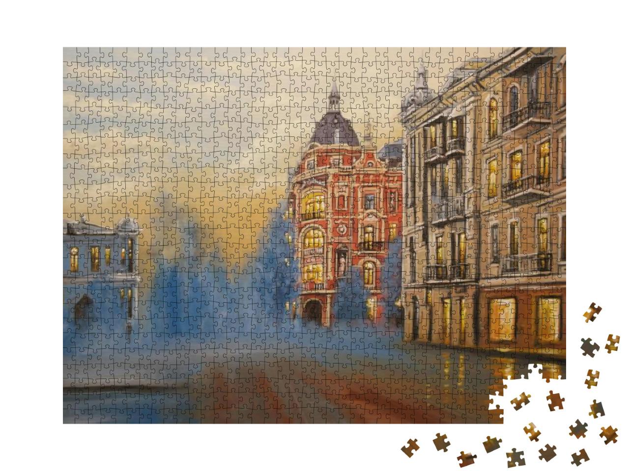 Oil Paintings Landscape, Old Houses in City. Fine Art... Jigsaw Puzzle with 1000 pieces